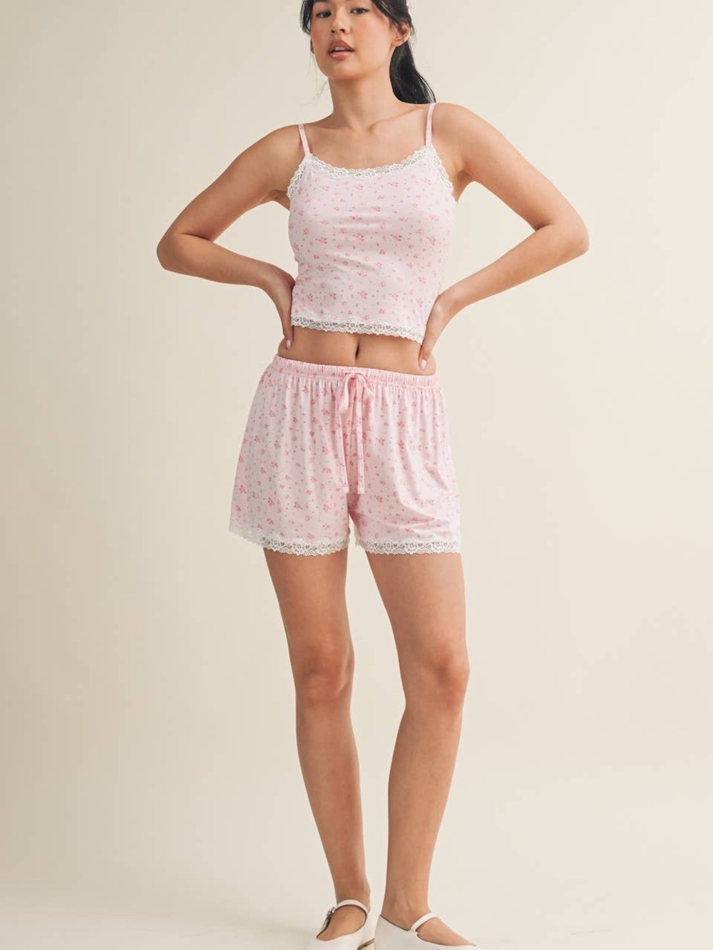 KIMBERLY C Pink Ditsy Print Cami Top And Shorts with Scalloped Edge Lace Trim